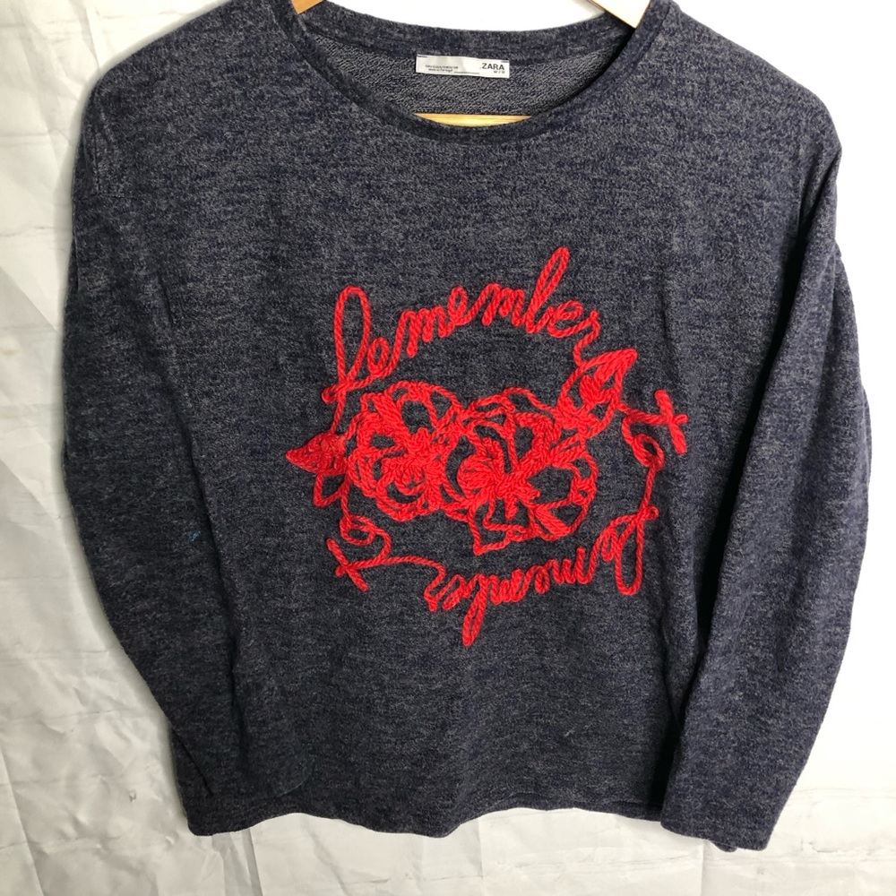 Zara Blue Remember Yarn Art Knit Crew Neck 3/4 sleeve Sweater Size Small
